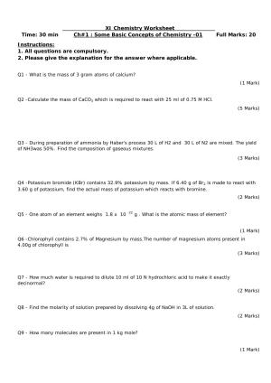 CBSE Worksheets for Class 11 Chemistry Some Basic Concepts Of Chemistry Assignment 1