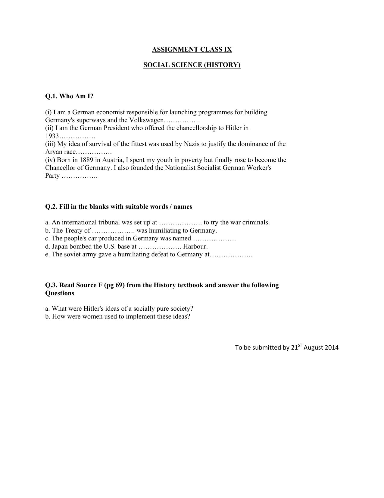 CBSE Worksheets for Class 9 Social Science History Assignment - Page 1