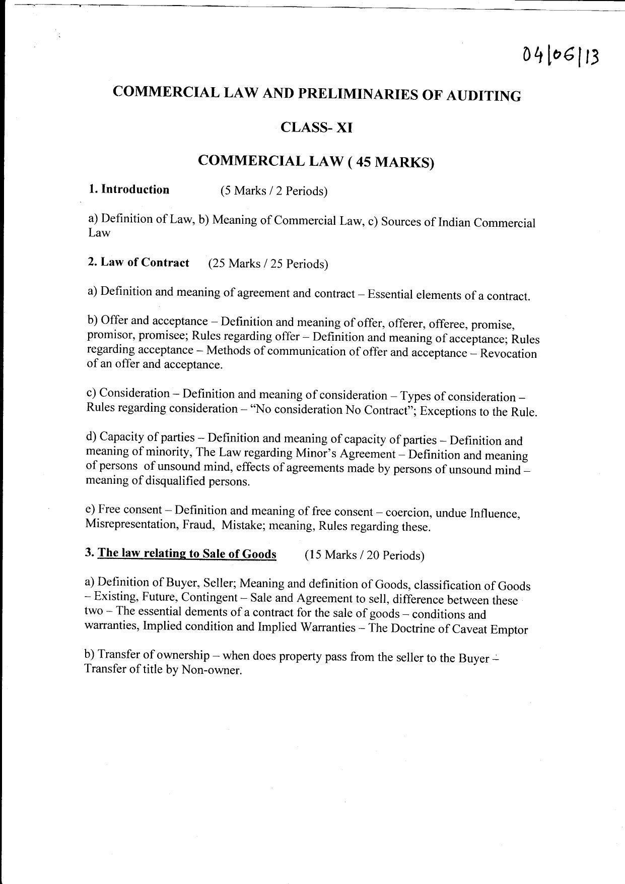 WBCHSE Syllabus PDF for Commercial Law & Preliminaries of Auditing - Page 1