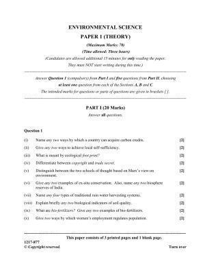 ISC Class 12 2017 ENVIRONMENTAL SCIENCE PAPER 1 (THEORY) Question Paper