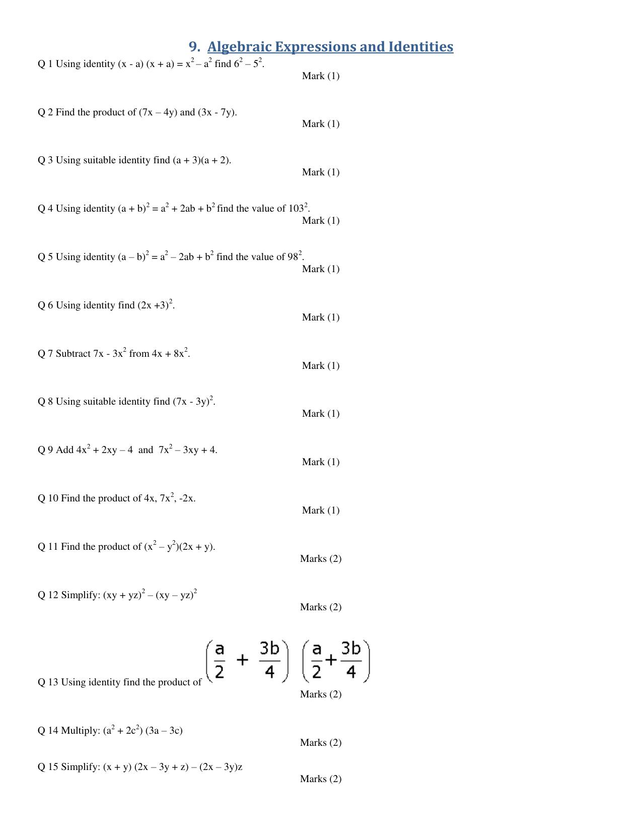 CBSE Worksheets for Class 8 Mathematics Algebraic Expressions and Identities Assignment - Page 1