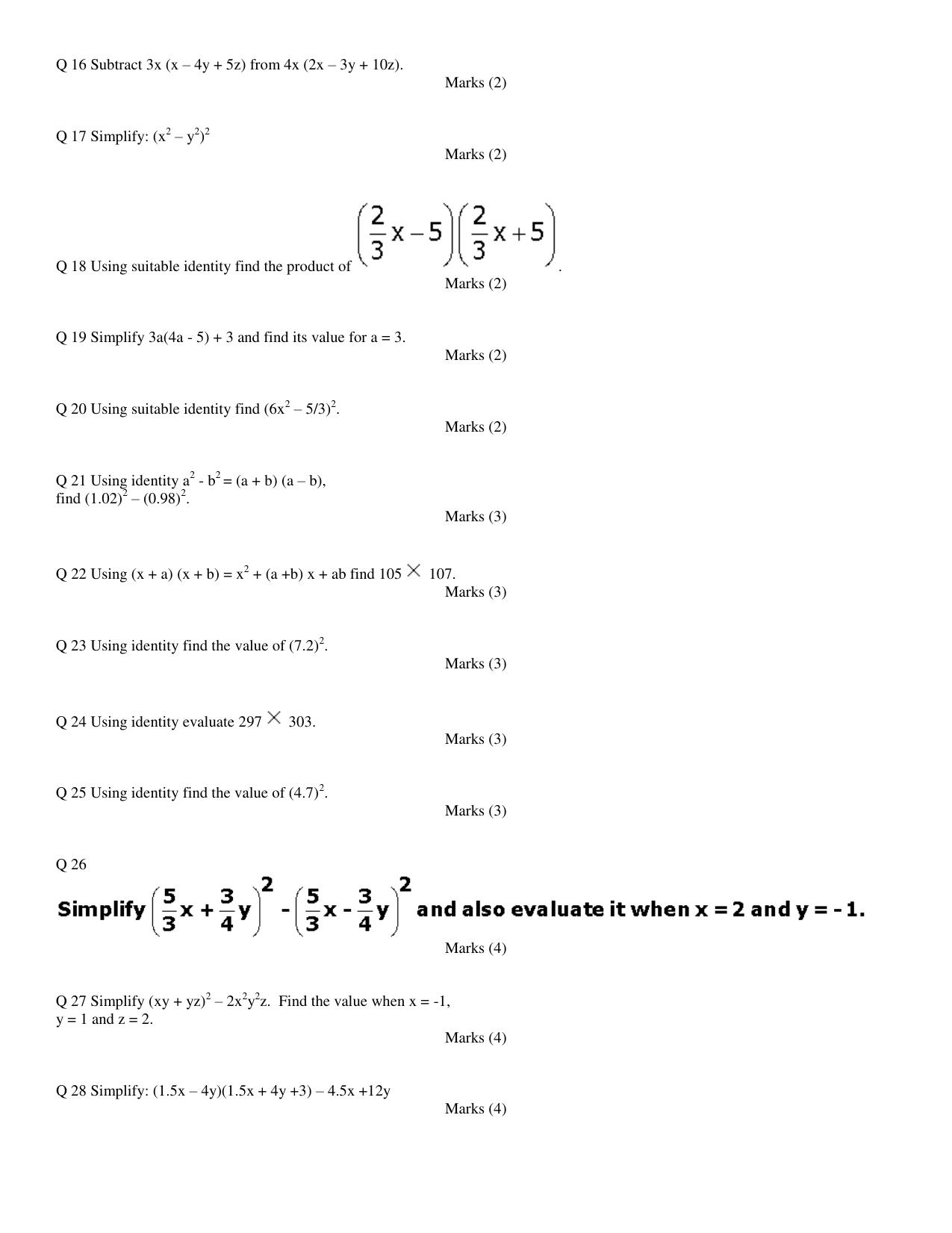 CBSE Worksheets for Class 8 Mathematics Algebraic Expressions and Identities Assignment - Page 2