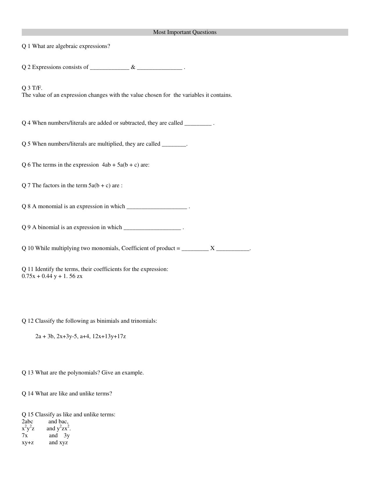 CBSE Worksheets for Class 8 Mathematics Algebraic Expressions and Identities Assignment - Page 3