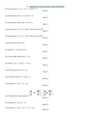 CBSE Worksheets for Class 8 Mathematics Algebraic Expressions and Identities Assignment