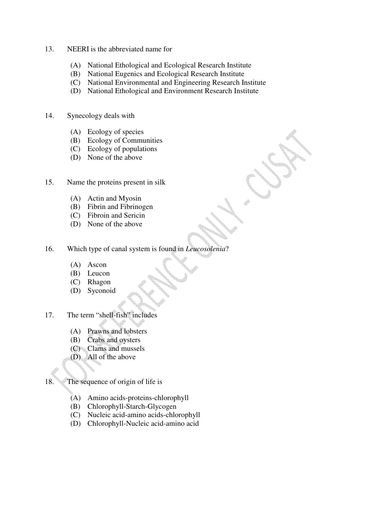 CUSAT CAT 2023 Zoology Final Question Paper - Page 3