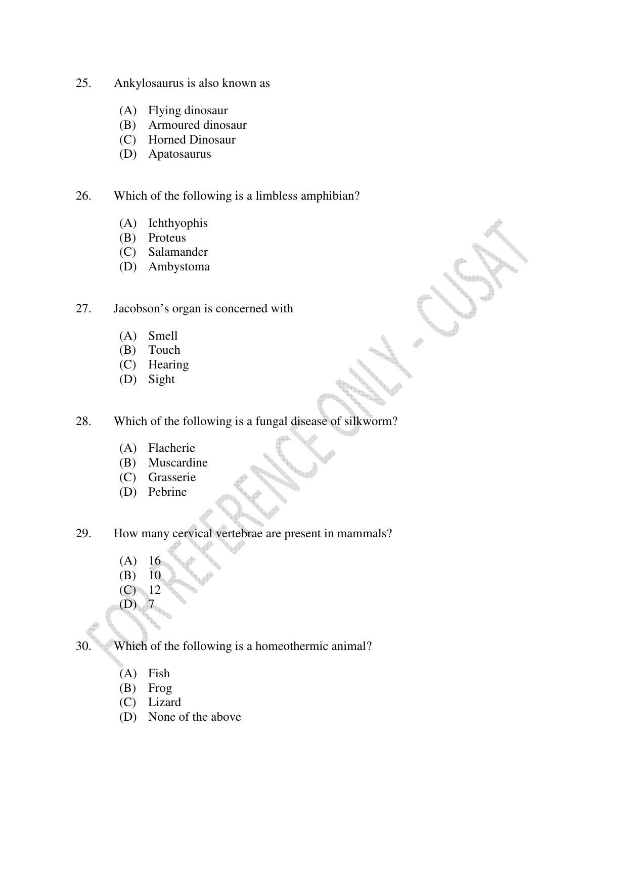 CUSAT CAT 2023 Zoology Final Question Paper - Page 5