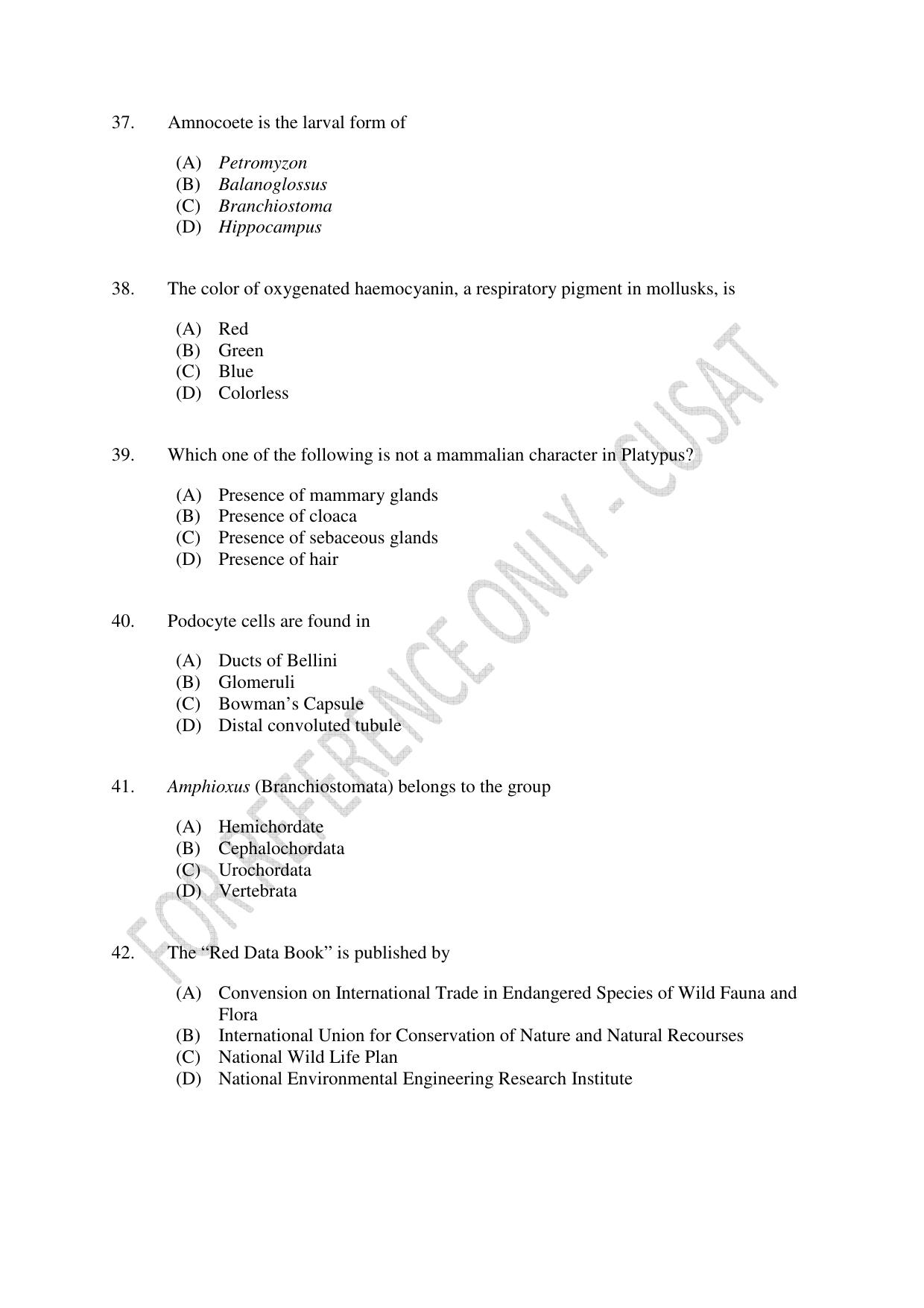 CUSAT CAT 2023 Zoology Final Question Paper - Page 7
