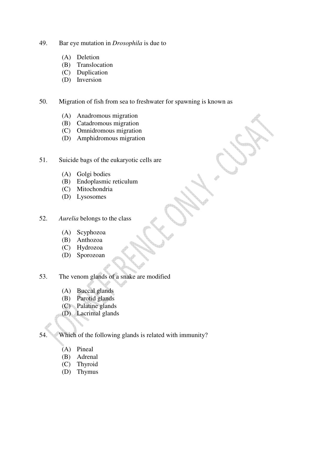 CUSAT CAT 2023 Zoology Final Question Paper - Page 9
