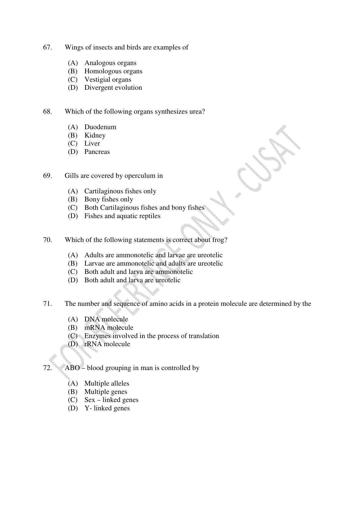 CUSAT CAT 2023 Zoology Final Question Paper - Page 12
