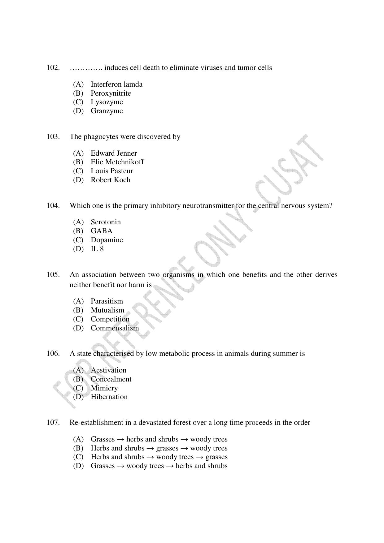 CUSAT CAT 2023 Zoology Final Question Paper - Page 18