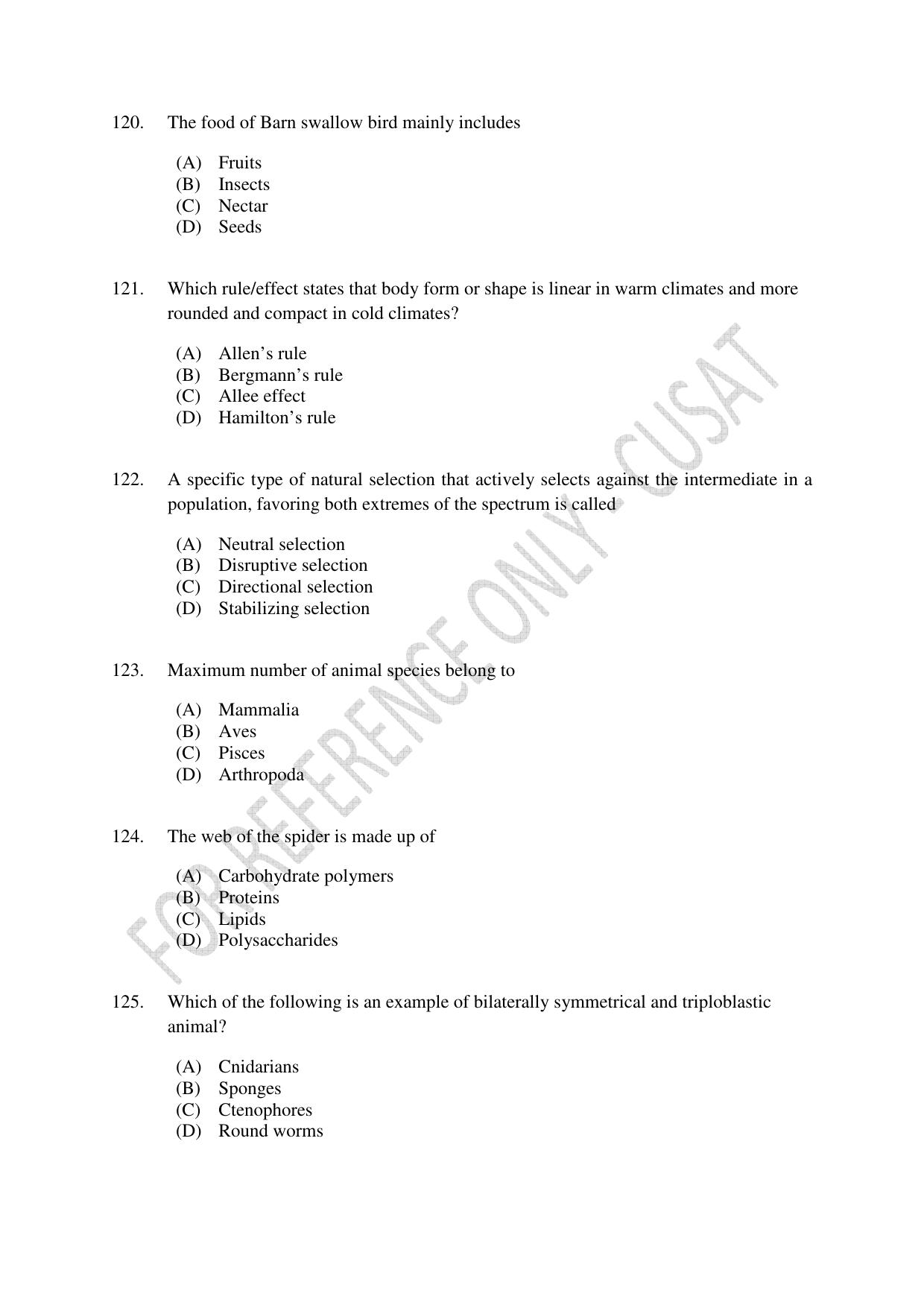 CUSAT CAT 2023 Zoology Final Question Paper - Page 21
