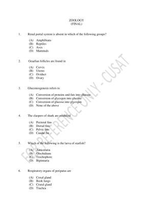 CUSAT CAT 2023 Zoology Final Question Paper