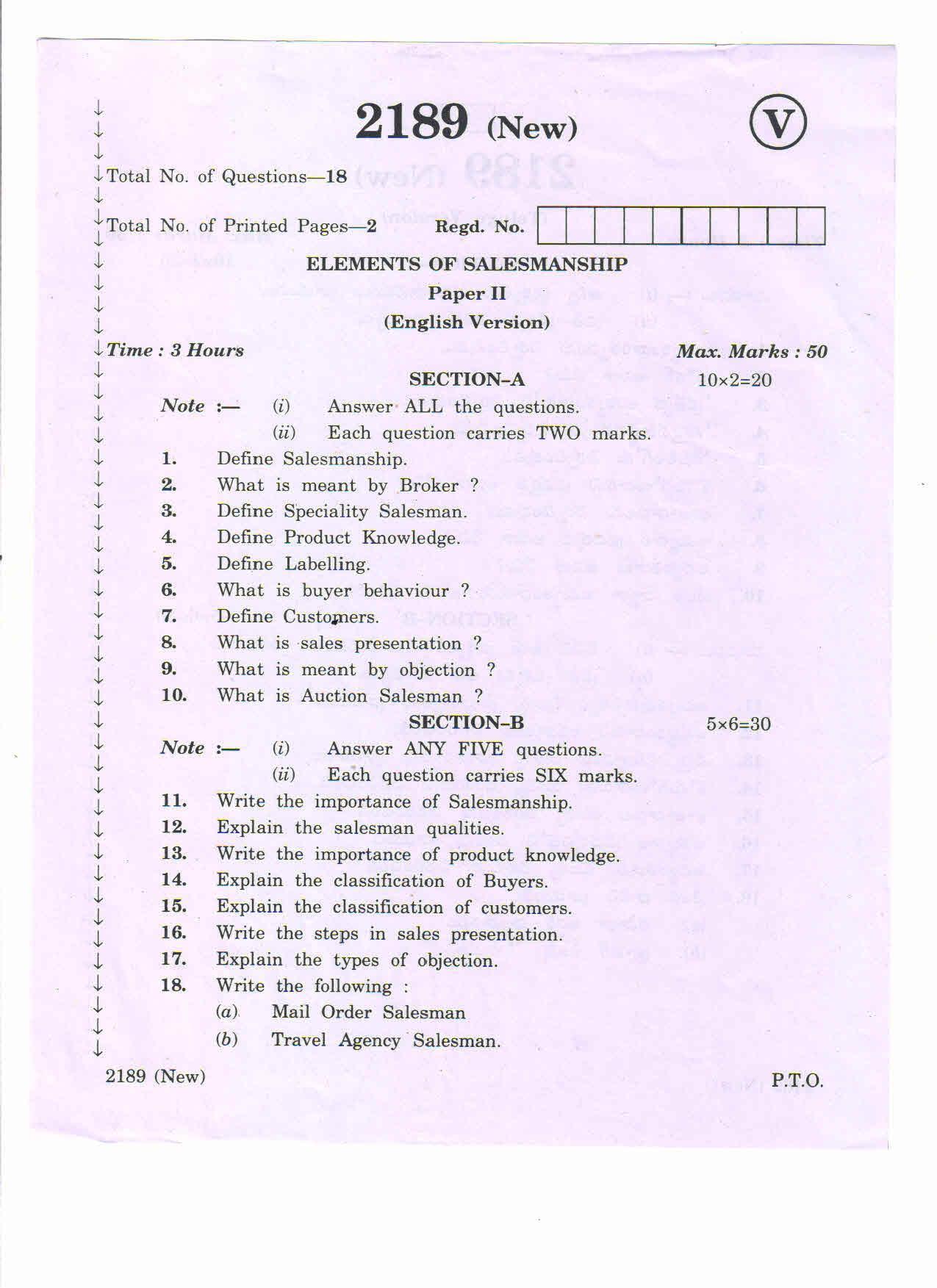 AP Inter 2nd Year Elements of Salesmanship-II (new) March-2020-Vocational Question Pape - Page 1