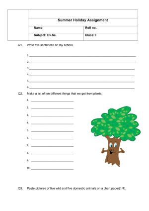 Worksheet for Class 1 EVS Assignment 12
