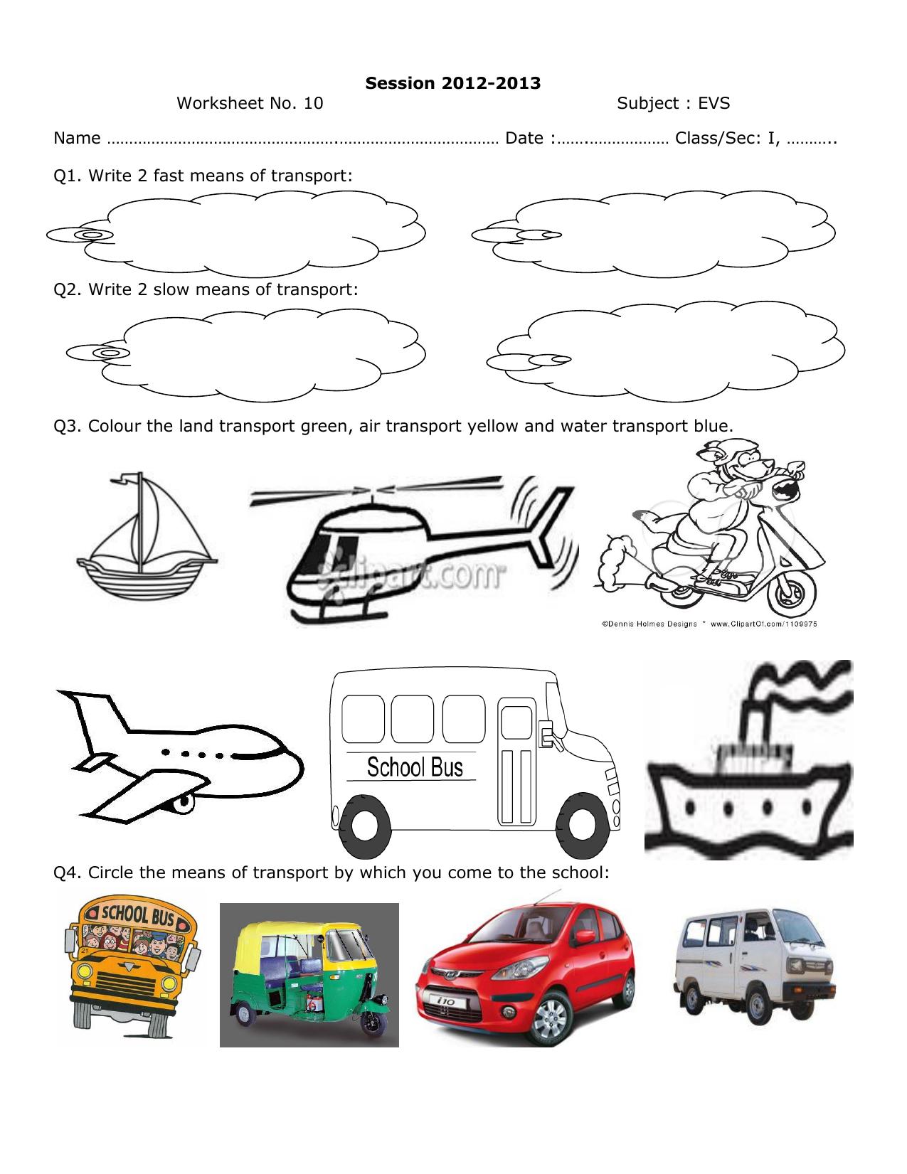 Worksheet for Class 1 EVS Assignment 11 - Page 1