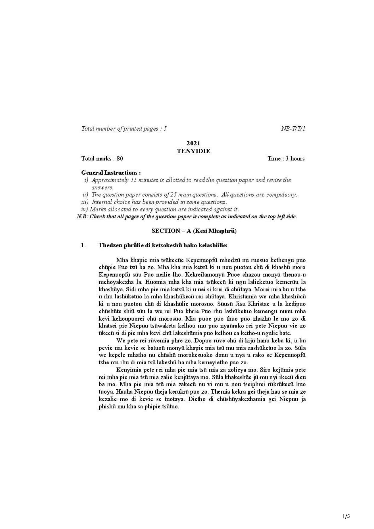 Nagaland Board Class 10 Tenyidie 2021 Question Paper - Page 1