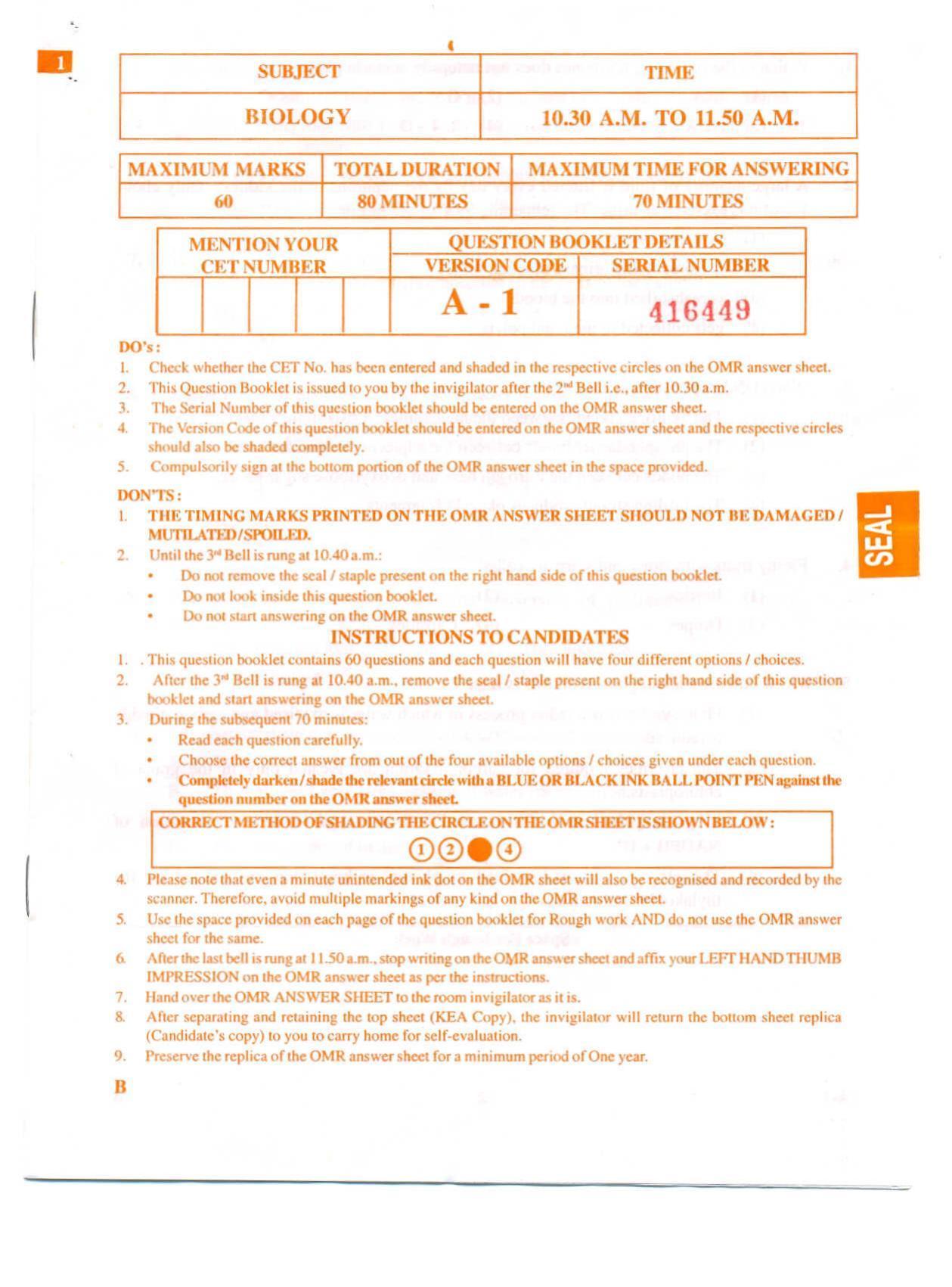 KCET Biology 2009 Question Papers - Page 1