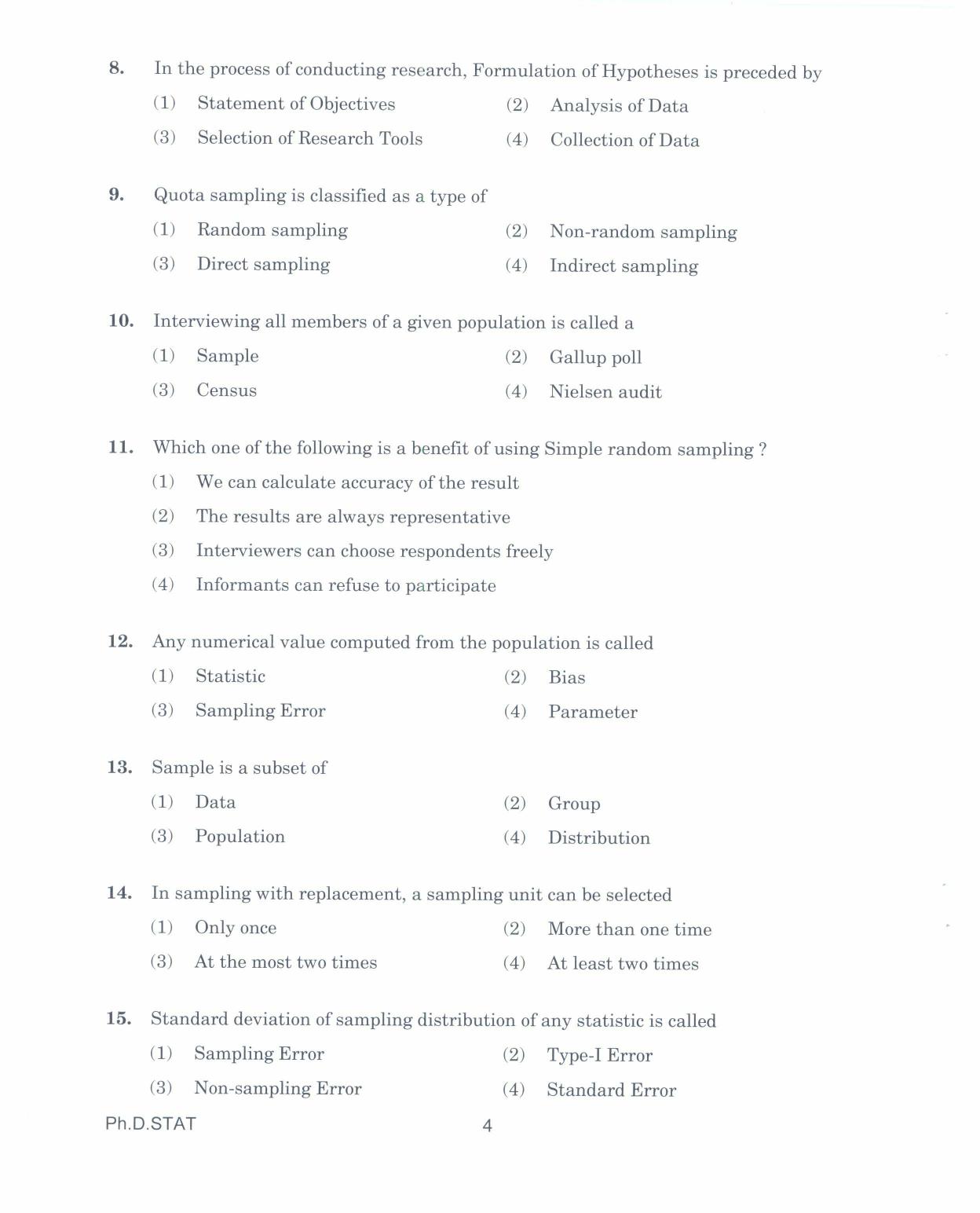 IGNOU PhD Entrance Test Ph.D. IN STATISTICS 2017 Question Paper - Page 4