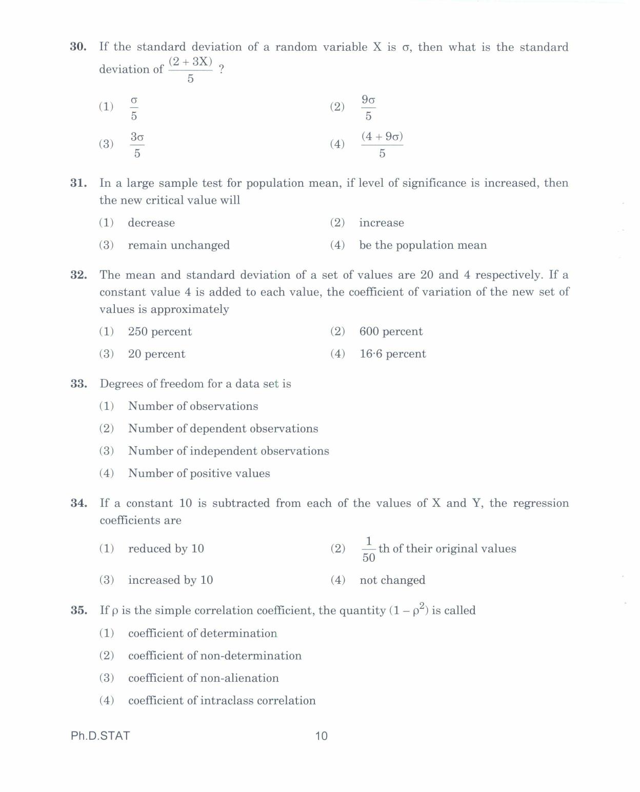 IGNOU PhD Entrance Test Ph.D. IN STATISTICS 2017 Question Paper - Page 10