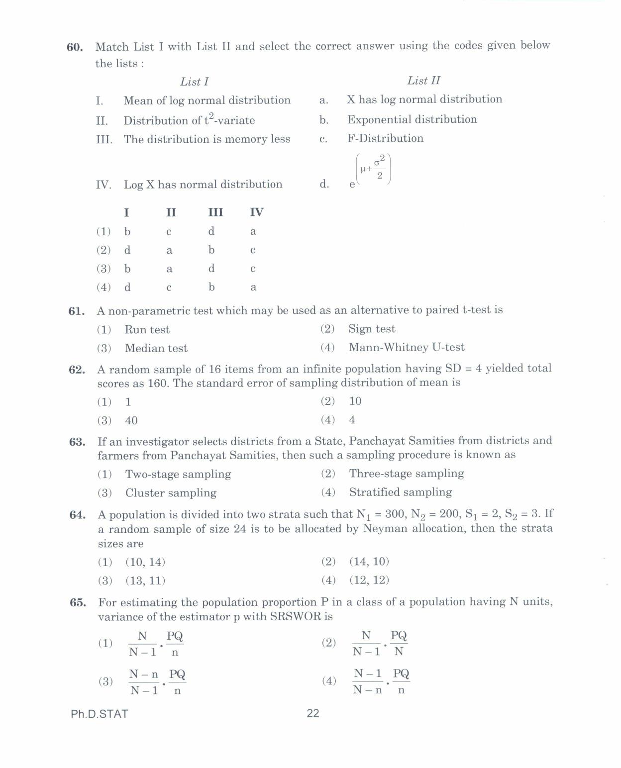 IGNOU PhD Entrance Test Ph.D. IN STATISTICS 2017 Question Paper - Page 22