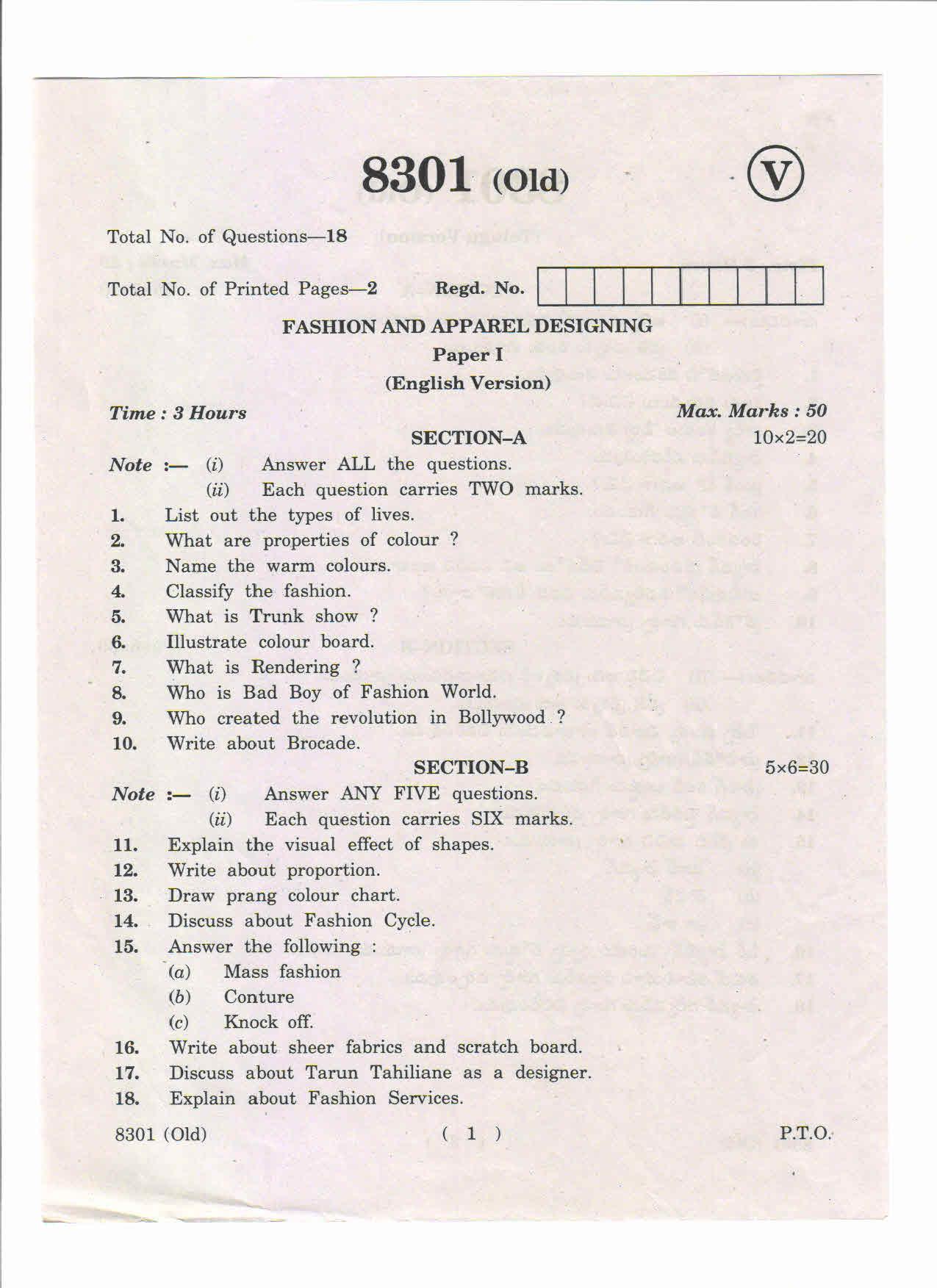 AP Inter 1st Year Fashion and Apparel Designing-I (Old) March-2019-Vocational Question Paper - Page 1