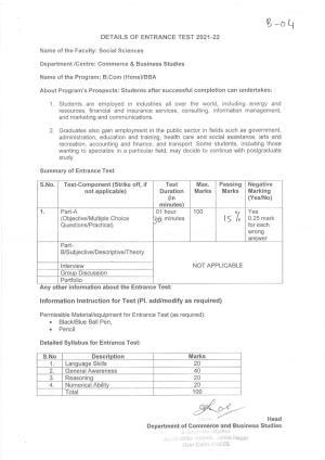 JMI Entrance Exam B04-B.B.A. / B.Com. (Hons) Syllabus