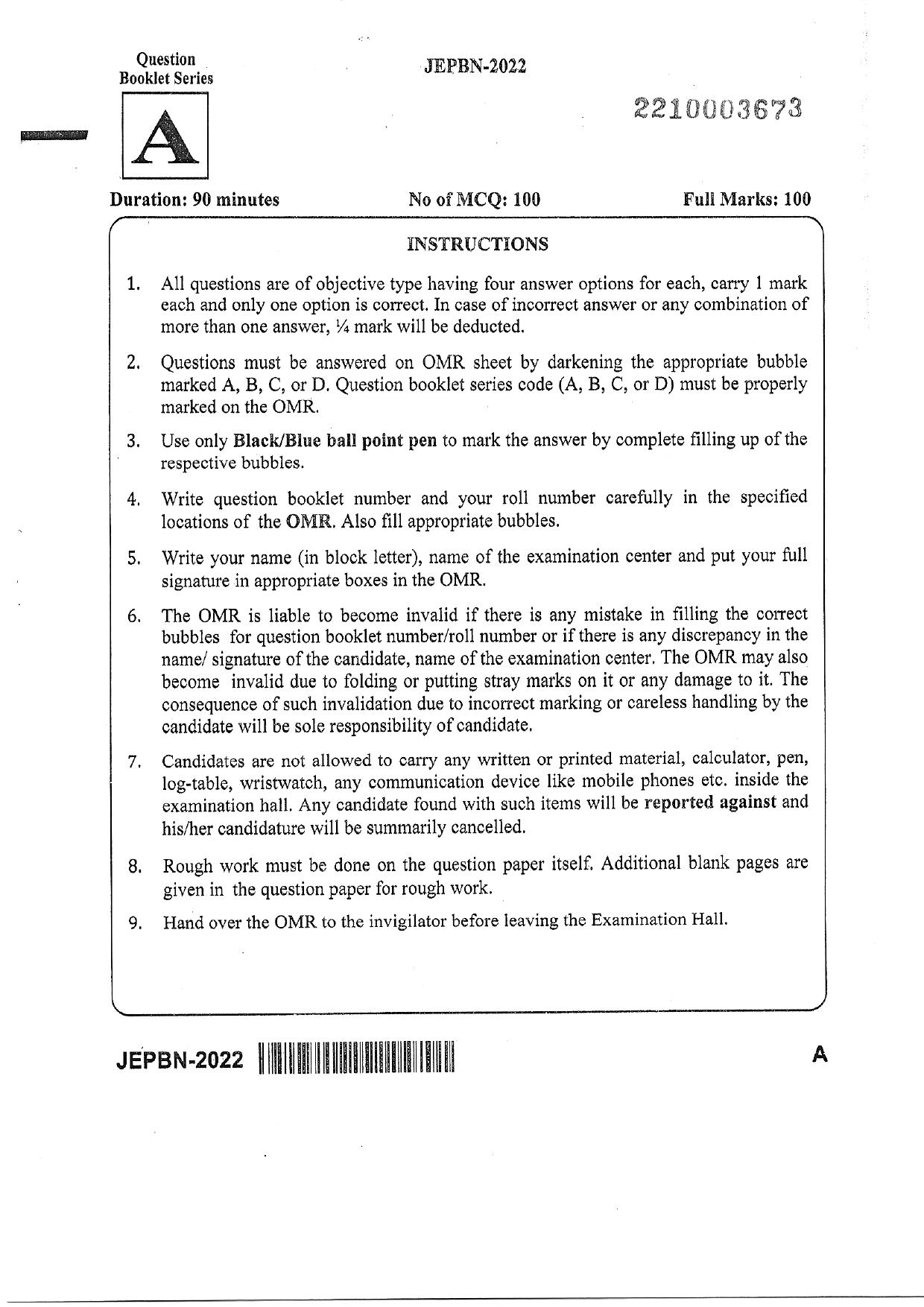 WBJEE JEPBN 2022 Question Paper - Page 1