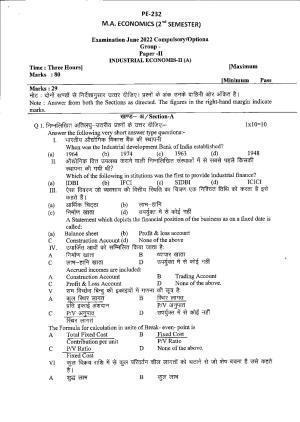 Bilaspur University Question Paper June 2022:M.A. Economics (Second Semester) Industrial Economics (Group -A) Paper 1