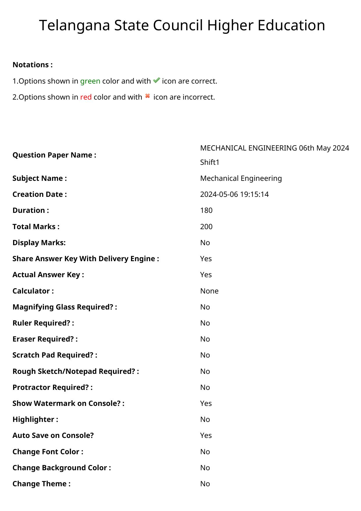 TS ECET 2024: MEC - MECHANICAL ENGINEERING Master Question Paper With Preliminary Key - Page 1