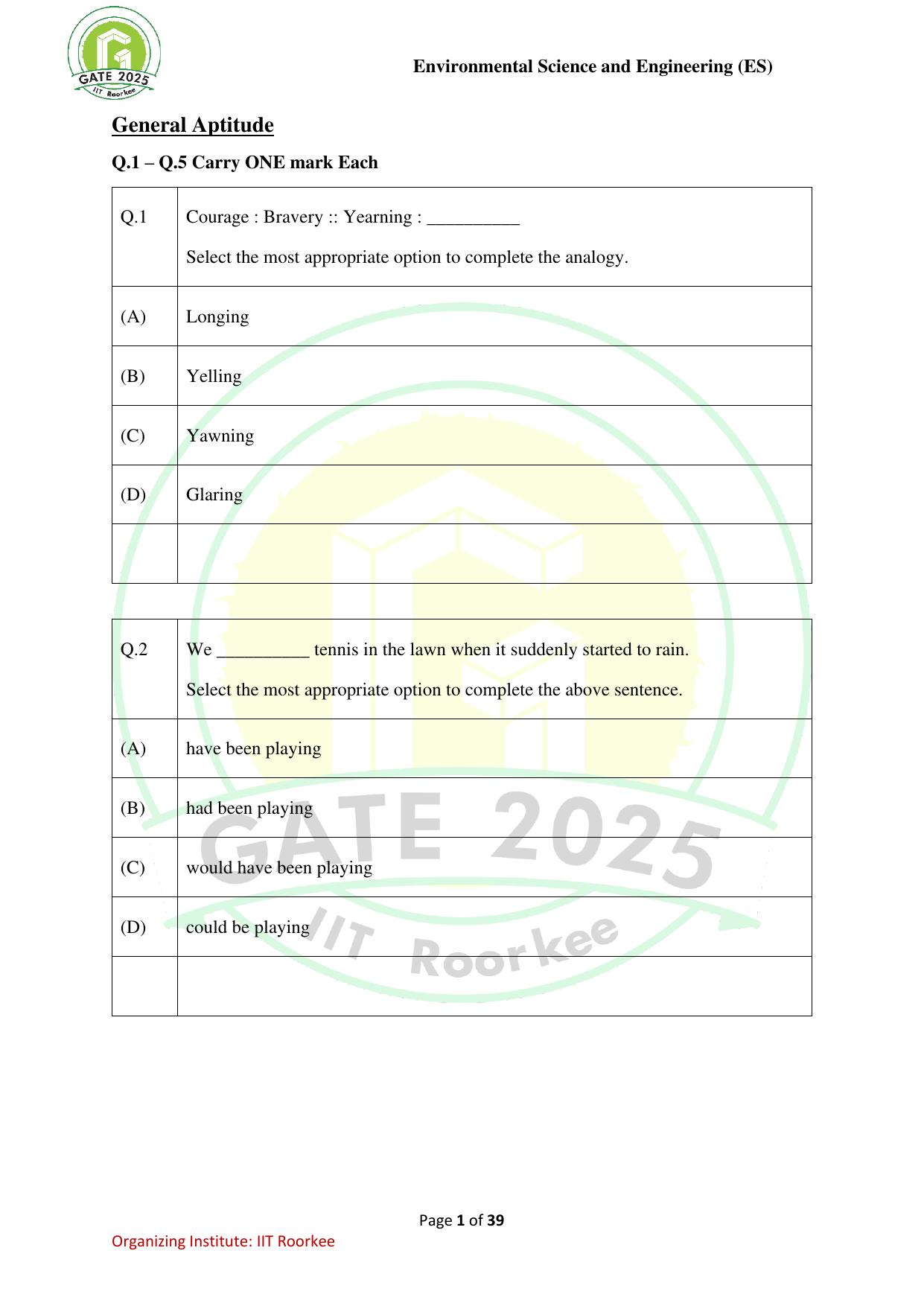 GATE 2025 Environmental Science & Engineering (ES) Question Paper - Page 1