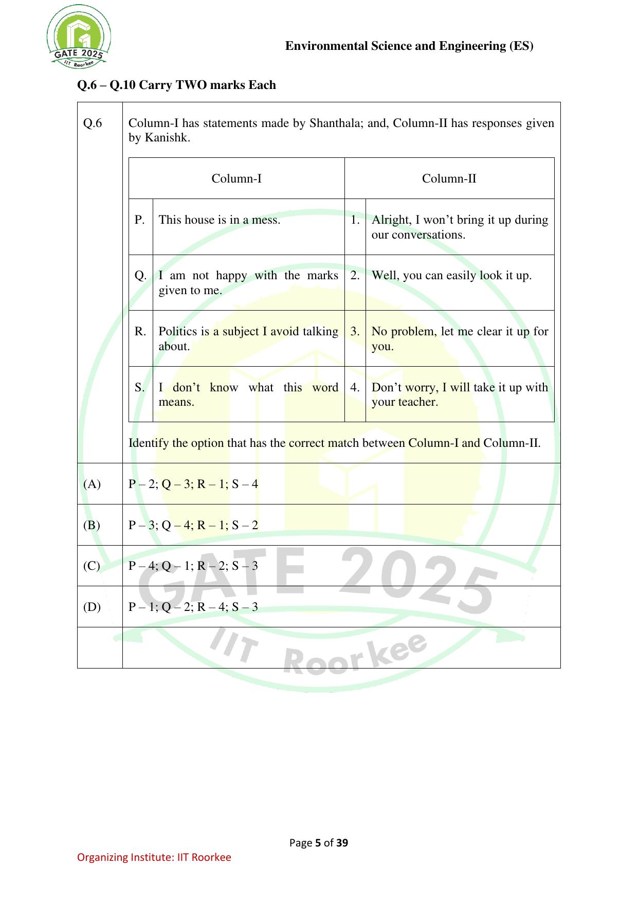 GATE 2025 Environmental Science & Engineering (ES) Question Paper - Page 5
