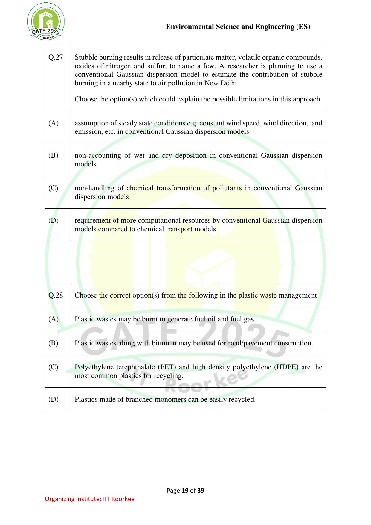 GATE 2025 Environmental Science & Engineering (ES) Question Paper - Page 19