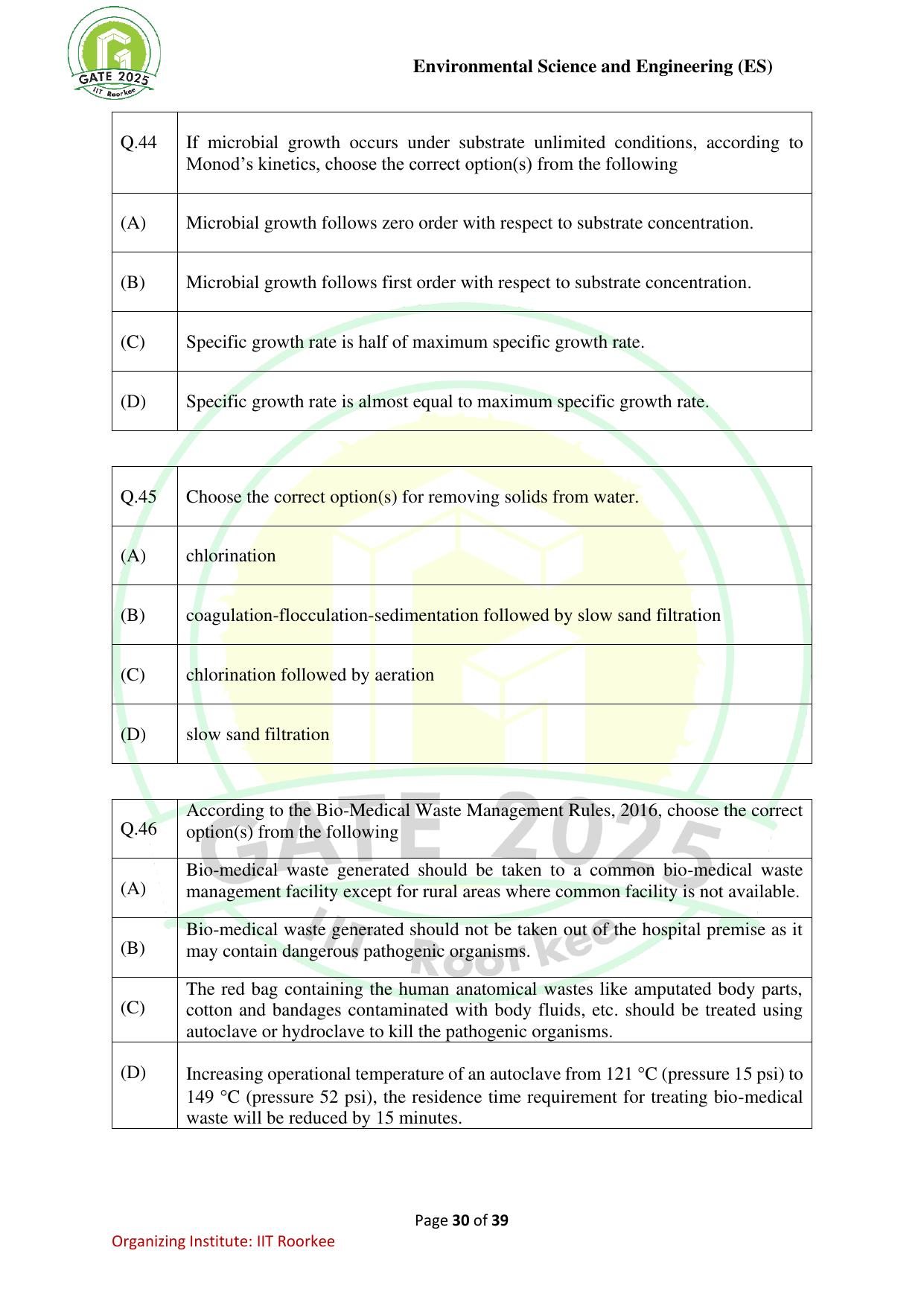 GATE 2025 Environmental Science & Engineering (ES) Question Paper - Page 30
