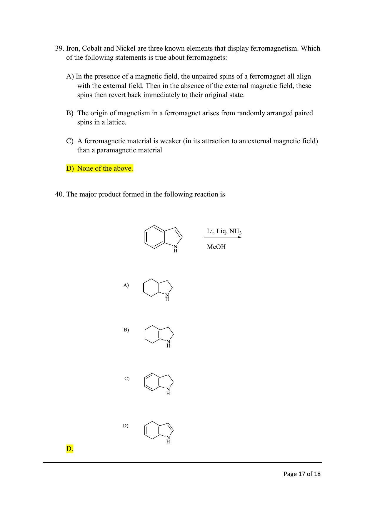 TIFR GS 2020 Chemistry Question Paper - Page 17