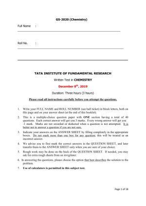 TIFR GS 2020 Chemistry Question Paper