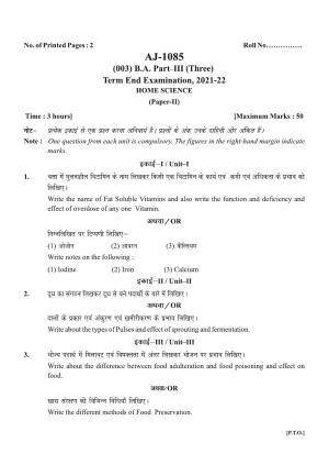 Bilaspur University Question Paper 2021-2022:B.A. Part-III (Three) Home Science Paper 2