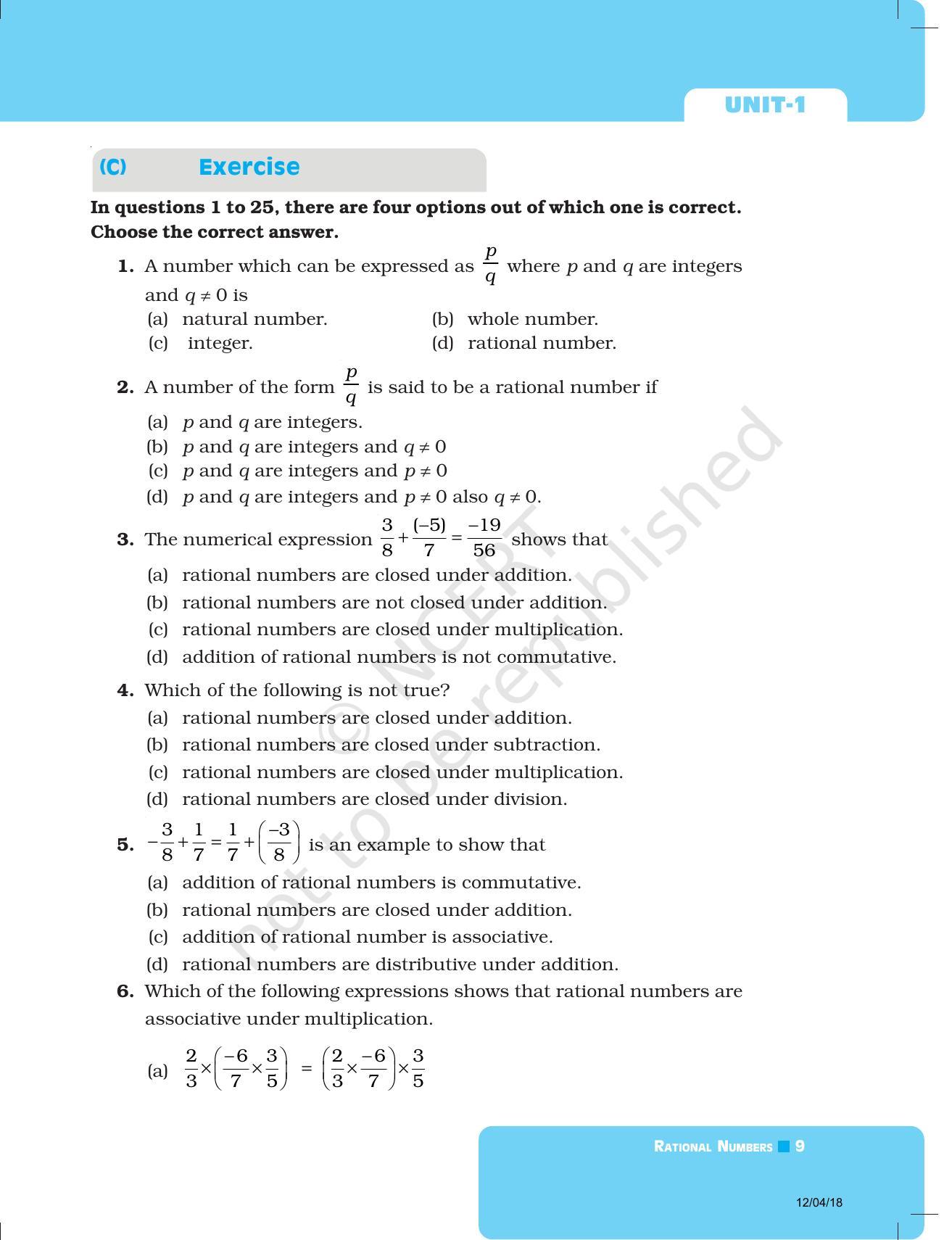 NCERT Exemplar Book for Class 8 Maths: Chapter 1-Rational Numbers - Page 9