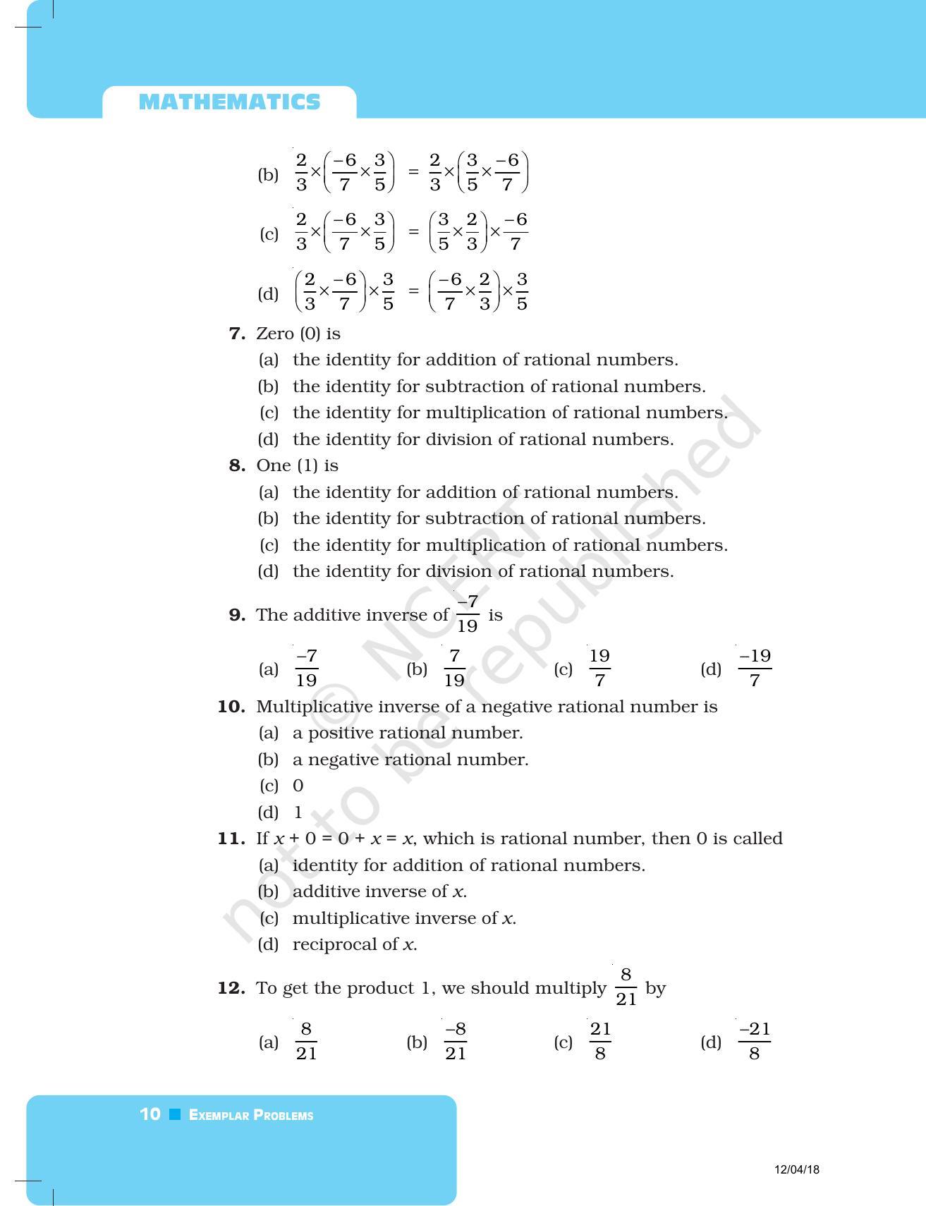 NCERT Exemplar Book for Class 8 Maths: Chapter 1-Rational Numbers - Page 10