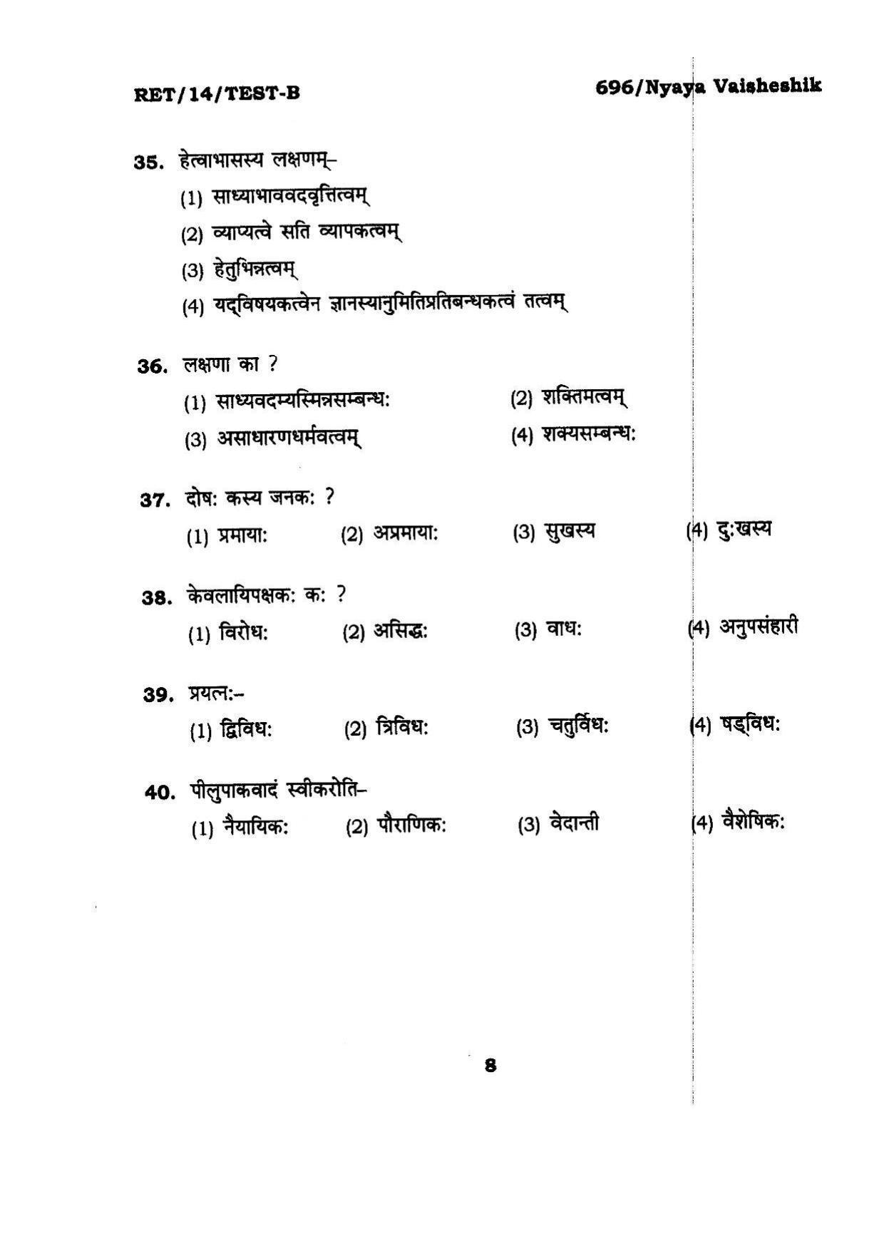 BHU RET Nyaya Vaisheshik 2014 Question Paper - Page 8