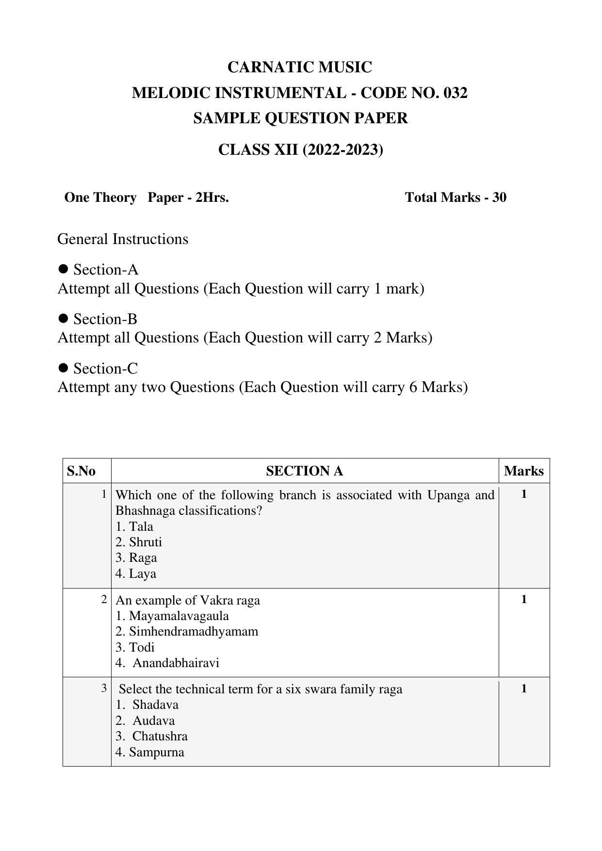 CBSE Class 12 Carnatic Melodic Sample Paper 2023 - Page 1