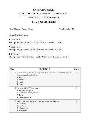 CBSE Class 12 Carnatic Melodic Sample Paper 2023