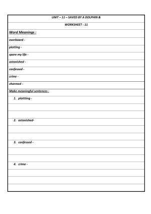 Worksheet for Class 5 English Saved by a Dolphin Assignment
