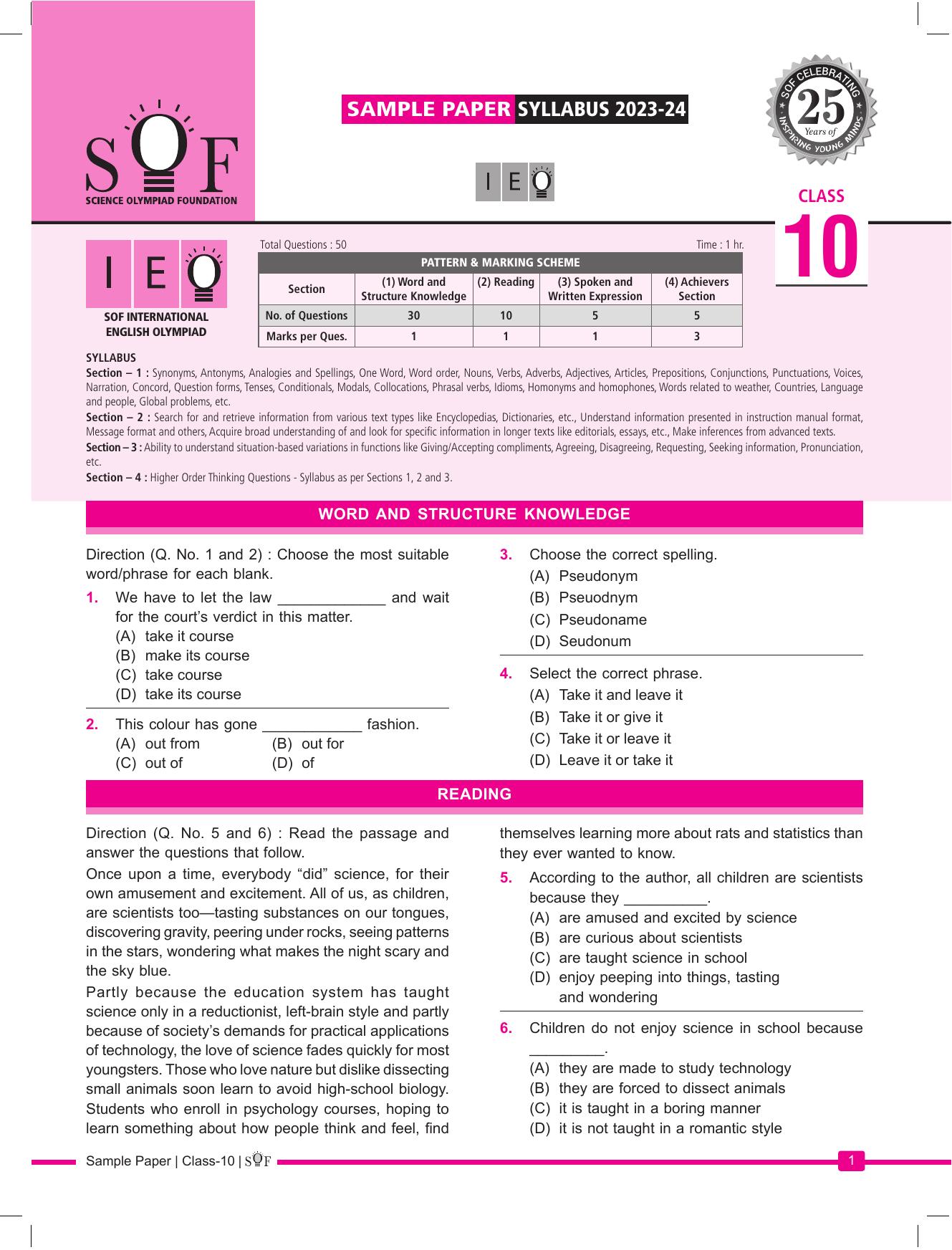 SOF IEO Class 10 (2023-2024) Sample Paper - Page 1