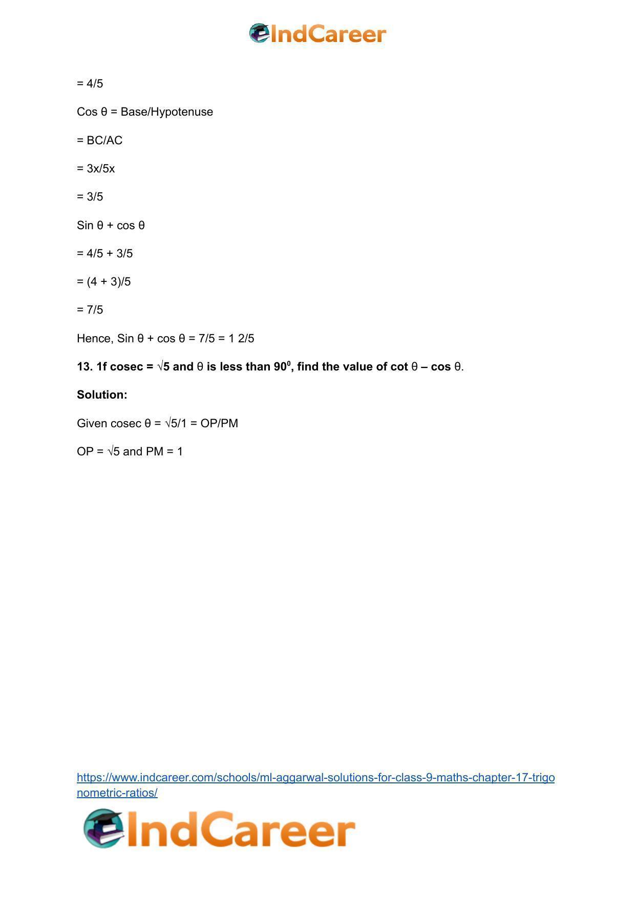 ML Aggarwal Solutions for Class 9 Maths Chapter 17- Trigonometric Ratios - Page 39