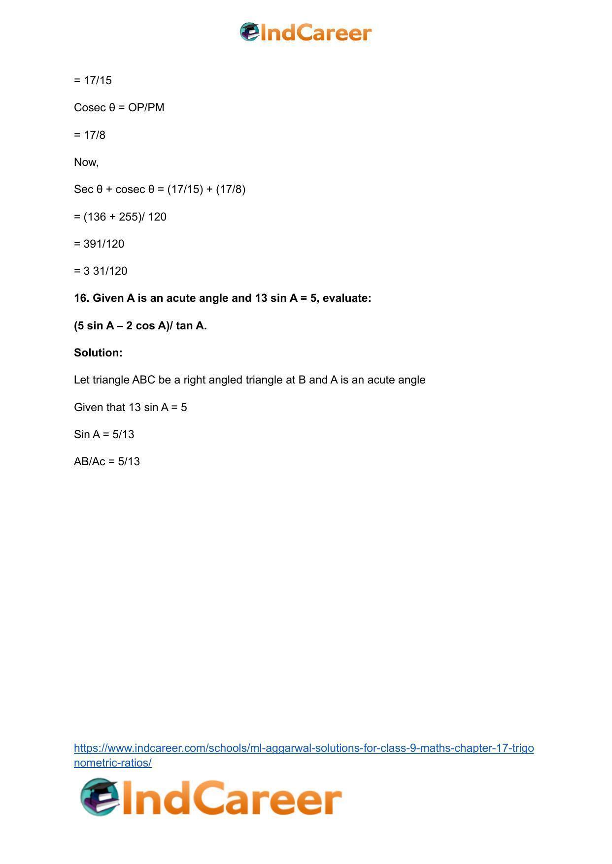 ML Aggarwal Solutions for Class 9 Maths Chapter 17- Trigonometric Ratios - Page 44
