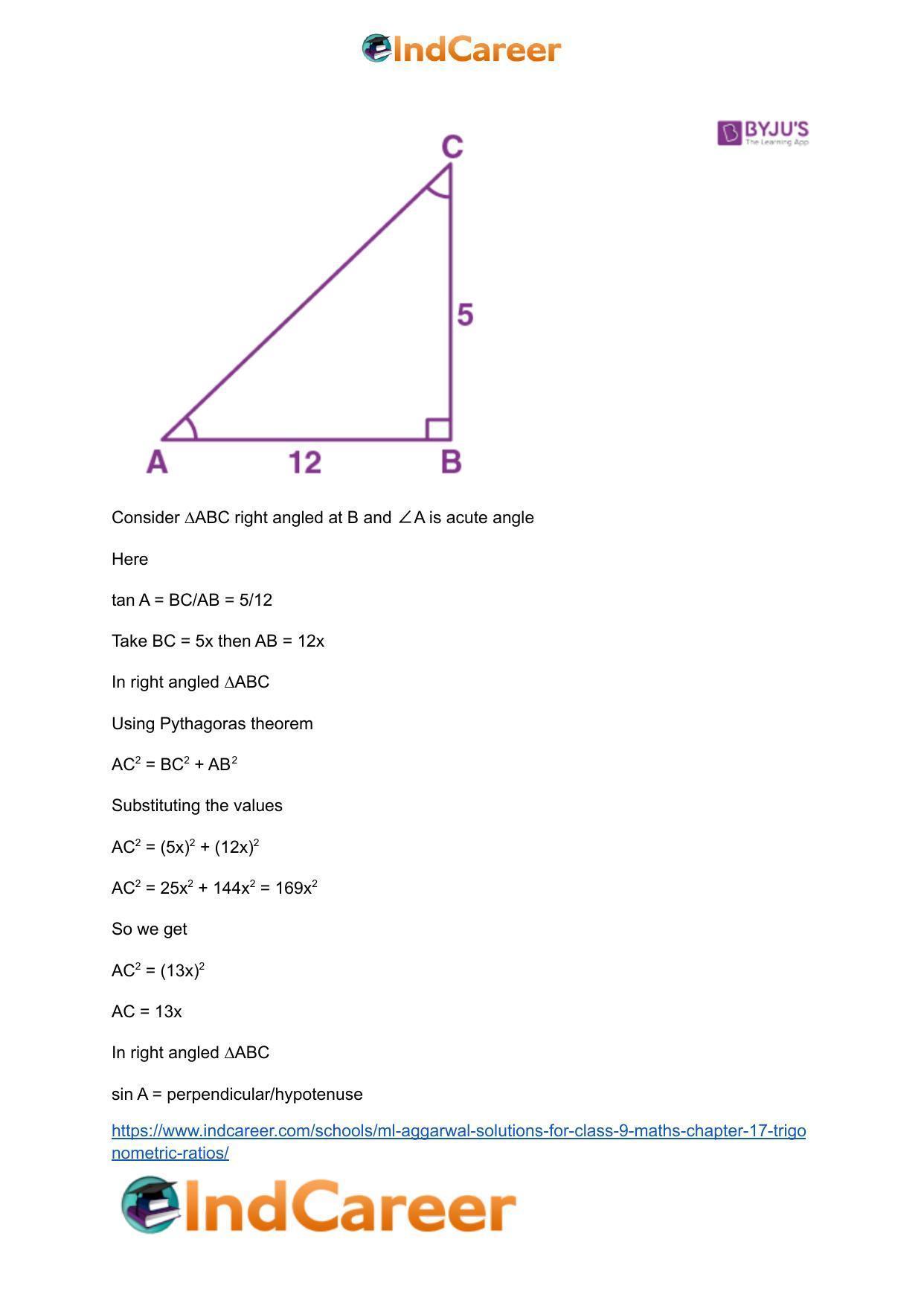 ML Aggarwal Solutions for Class 9 Maths Chapter 17- Trigonometric Ratios - Page 52