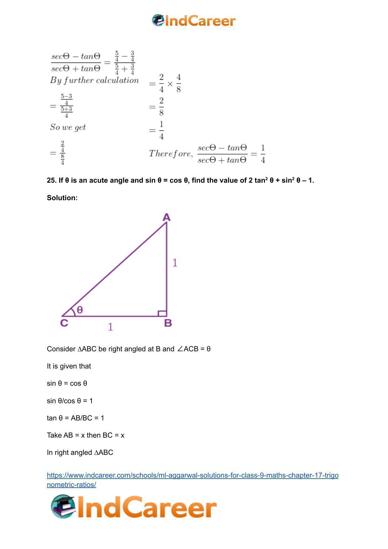 ML Aggarwal Solutions for Class 9 Maths Chapter 17- Trigonometric Ratios - Page 62