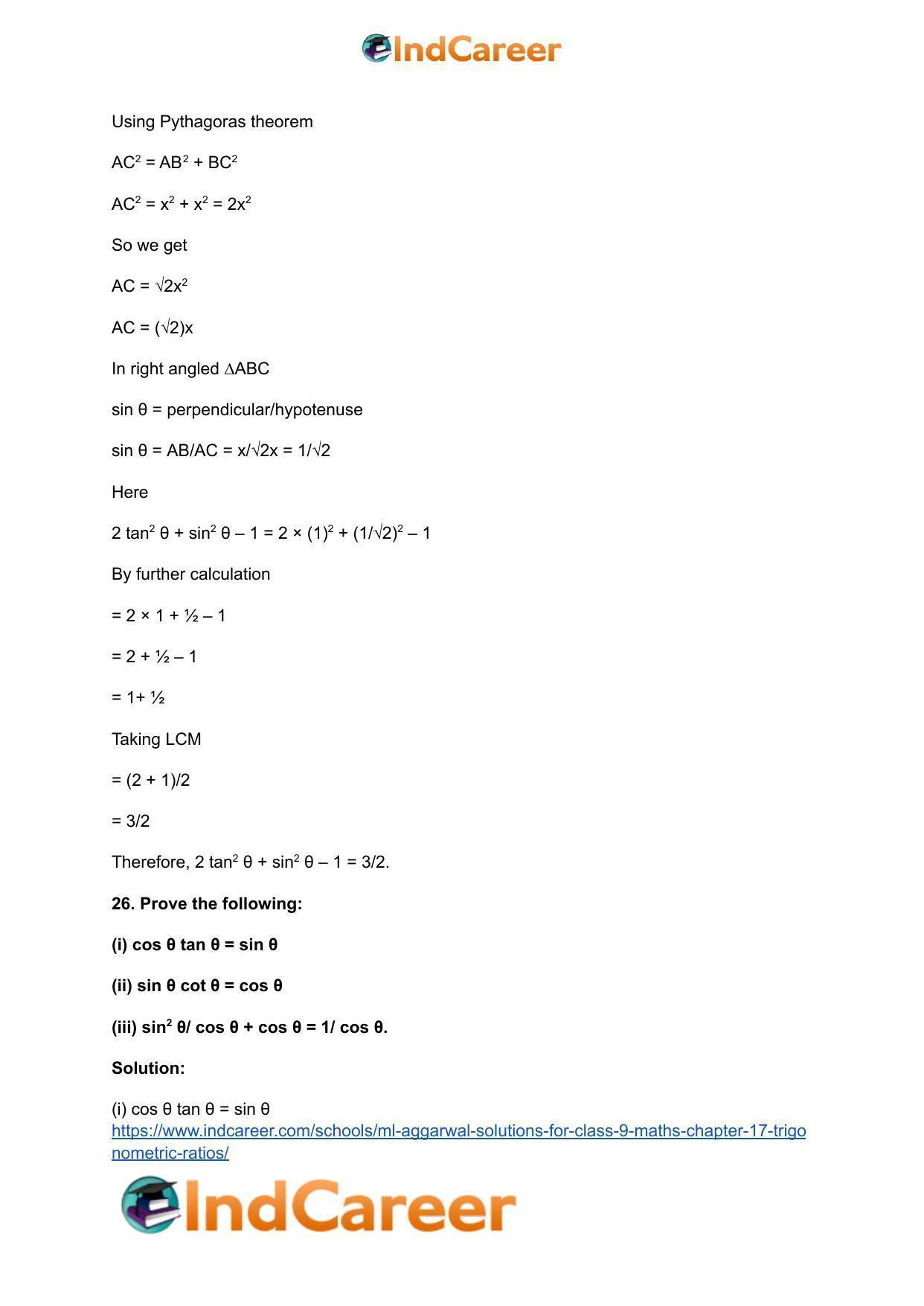 ML Aggarwal Solutions for Class 9 Maths Chapter 17- Trigonometric Ratios - Page 63