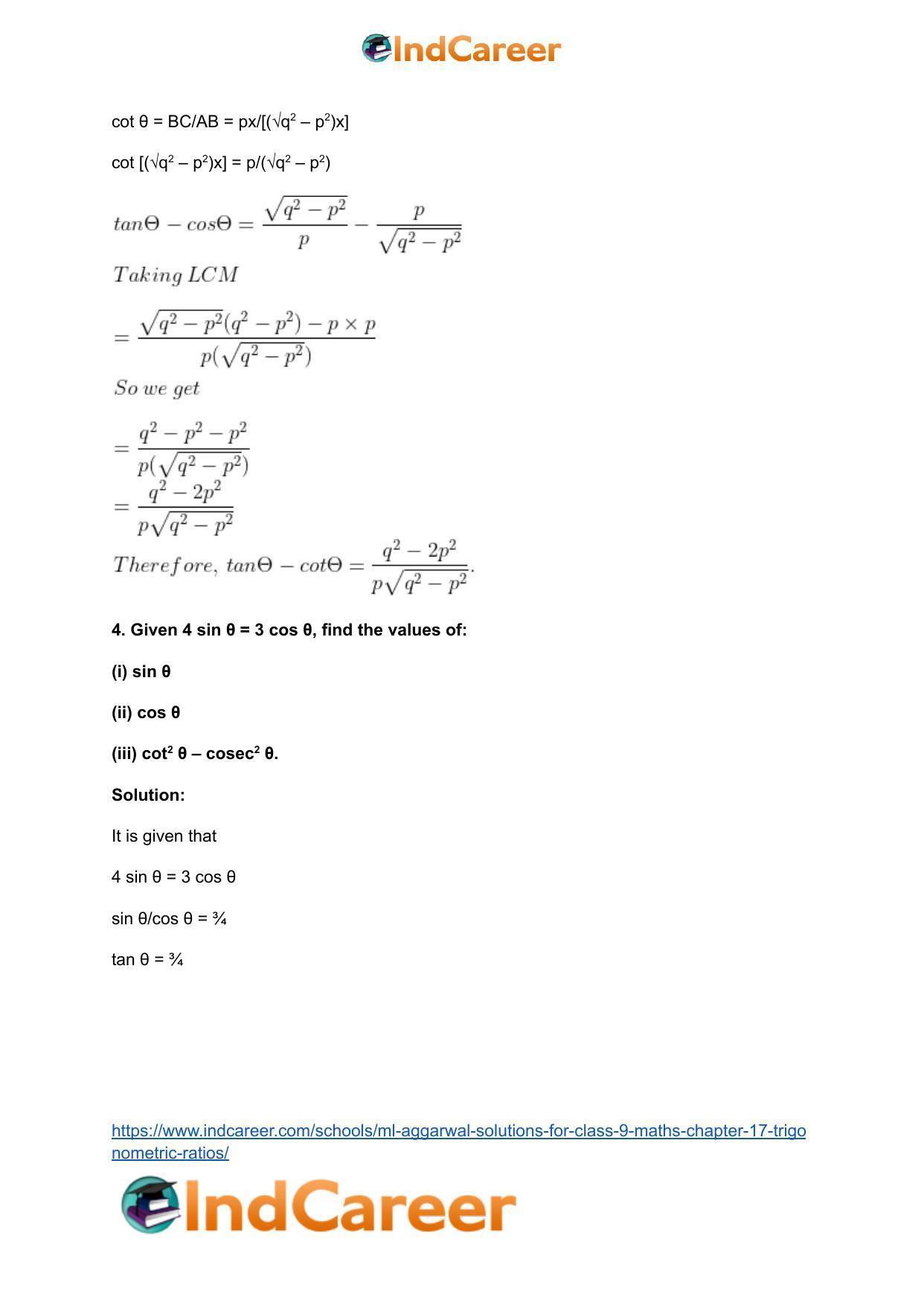 ML Aggarwal Solutions for Class 9 Maths Chapter 17- Trigonometric Ratios - Page 89