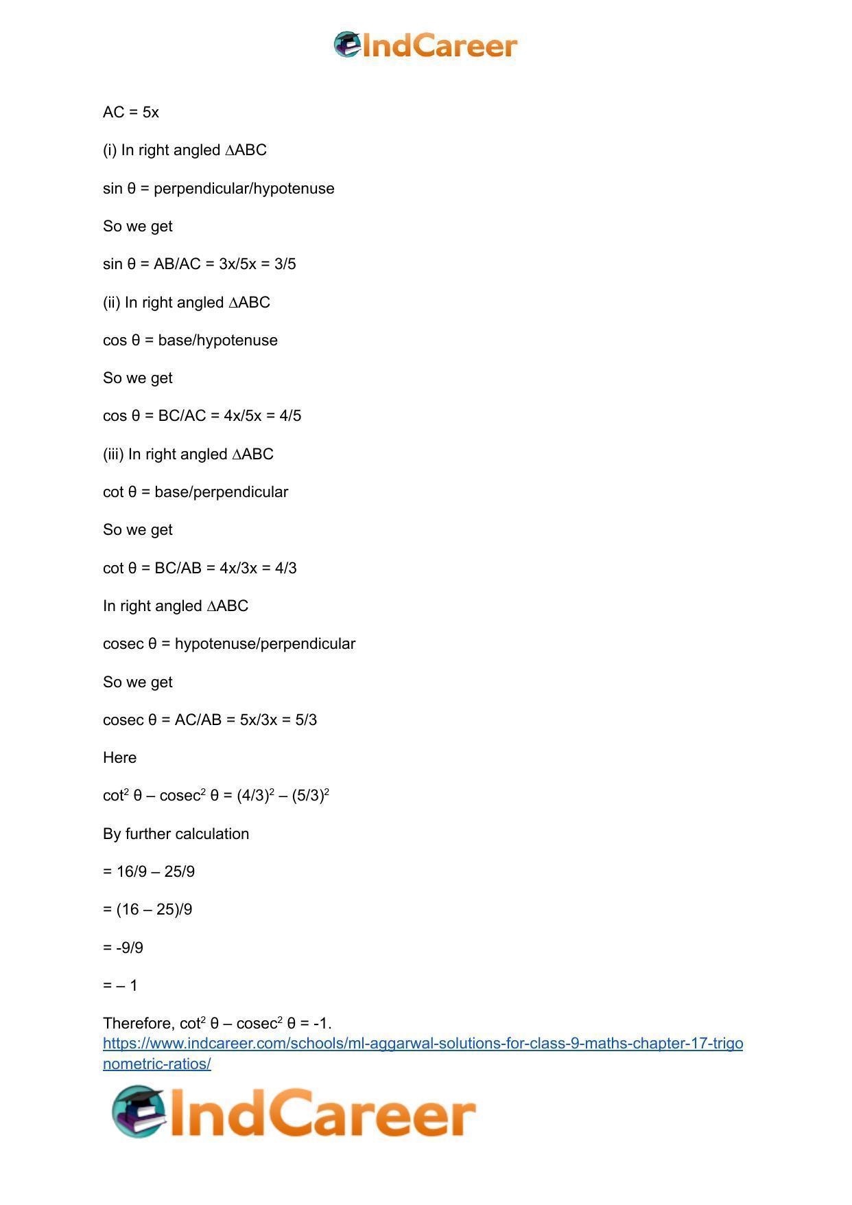 ML Aggarwal Solutions for Class 9 Maths Chapter 17- Trigonometric Ratios - Page 91